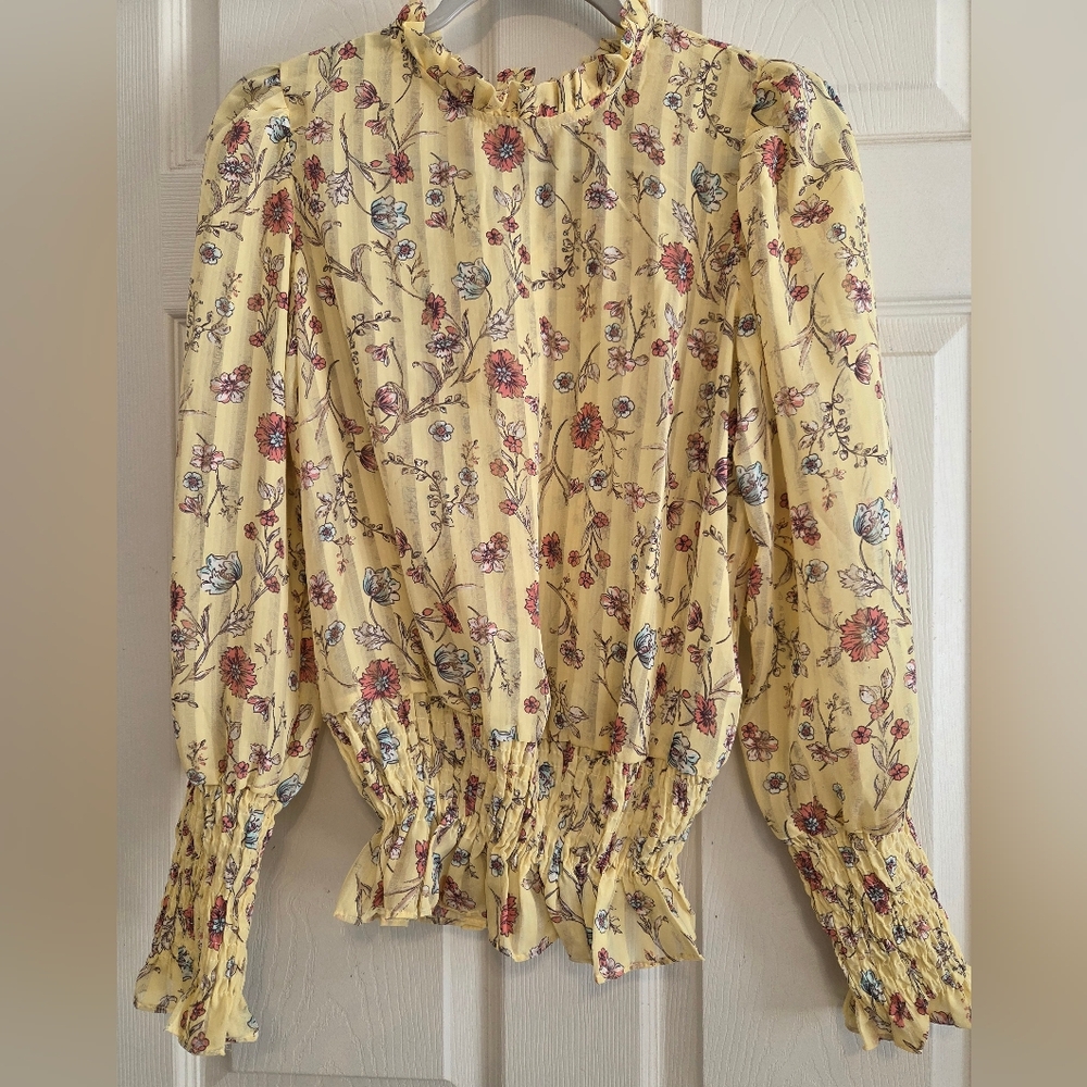 Haute Monde Yellow Floral Ruffle Neck & Smocked Waist Semi-Sheer Blouse – Size L